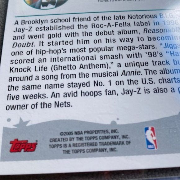 Jay-Z Rookie Card 2005-06 Topps RC Brooklyn / New York NY - Picture 5 of 5